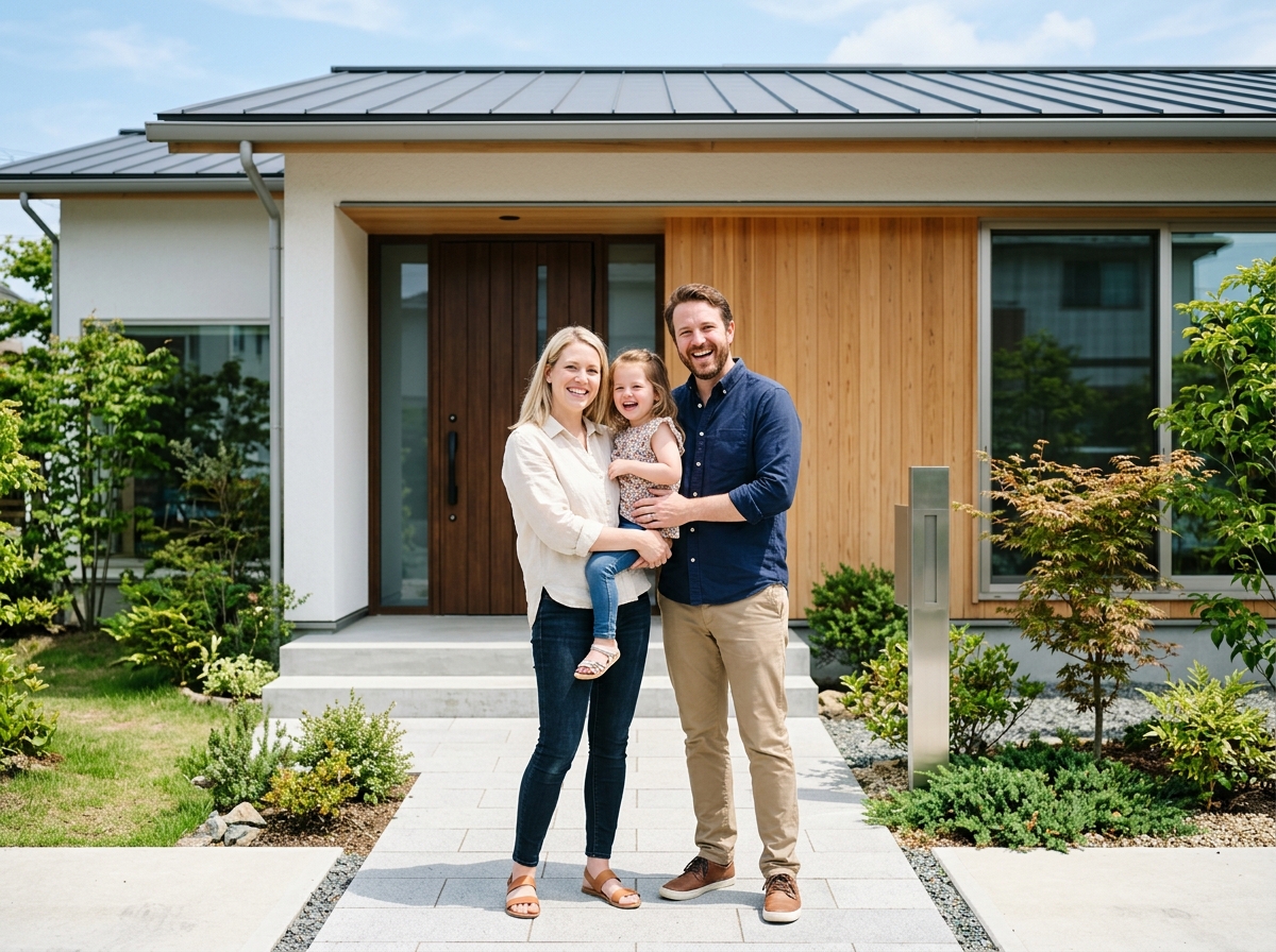Happy Western family in front of modern Japanese home
